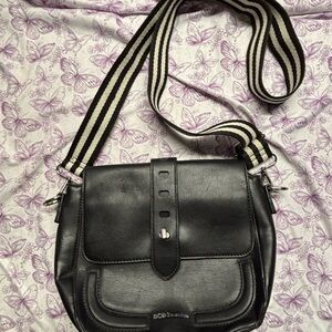BCBG Black Crossbody Bag with Striped Strap
